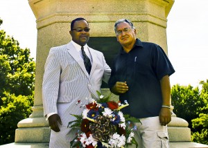 George Newcomb and Rev. Calvin Mathews in front of Lincoln Emancipation Memorial